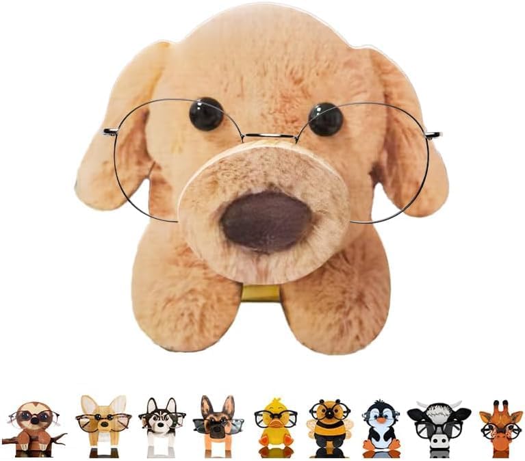 HyeeArt Wooden Animal Glasses Holder , Newsukie - Cute Solid Pine Wood Eyeglasses Stand,Carving Sunglasses Eyeglass Display Stand,Newsukie Creative Gift Glasses Holder for Desk (Flowers Highland Cow) (Dog-6) - Image 1